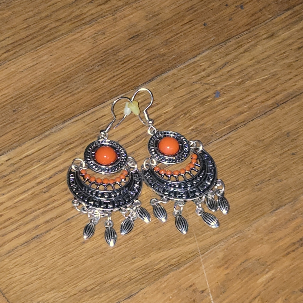 Silver-Tone Dangle Earrings with Orange Beads